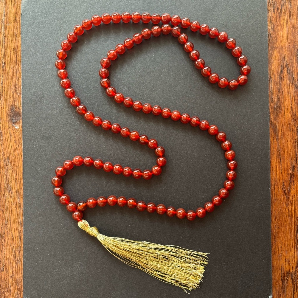 Handmade Carnelian Mala Necklace | 8mm Red Gold Beaded | 34 IN